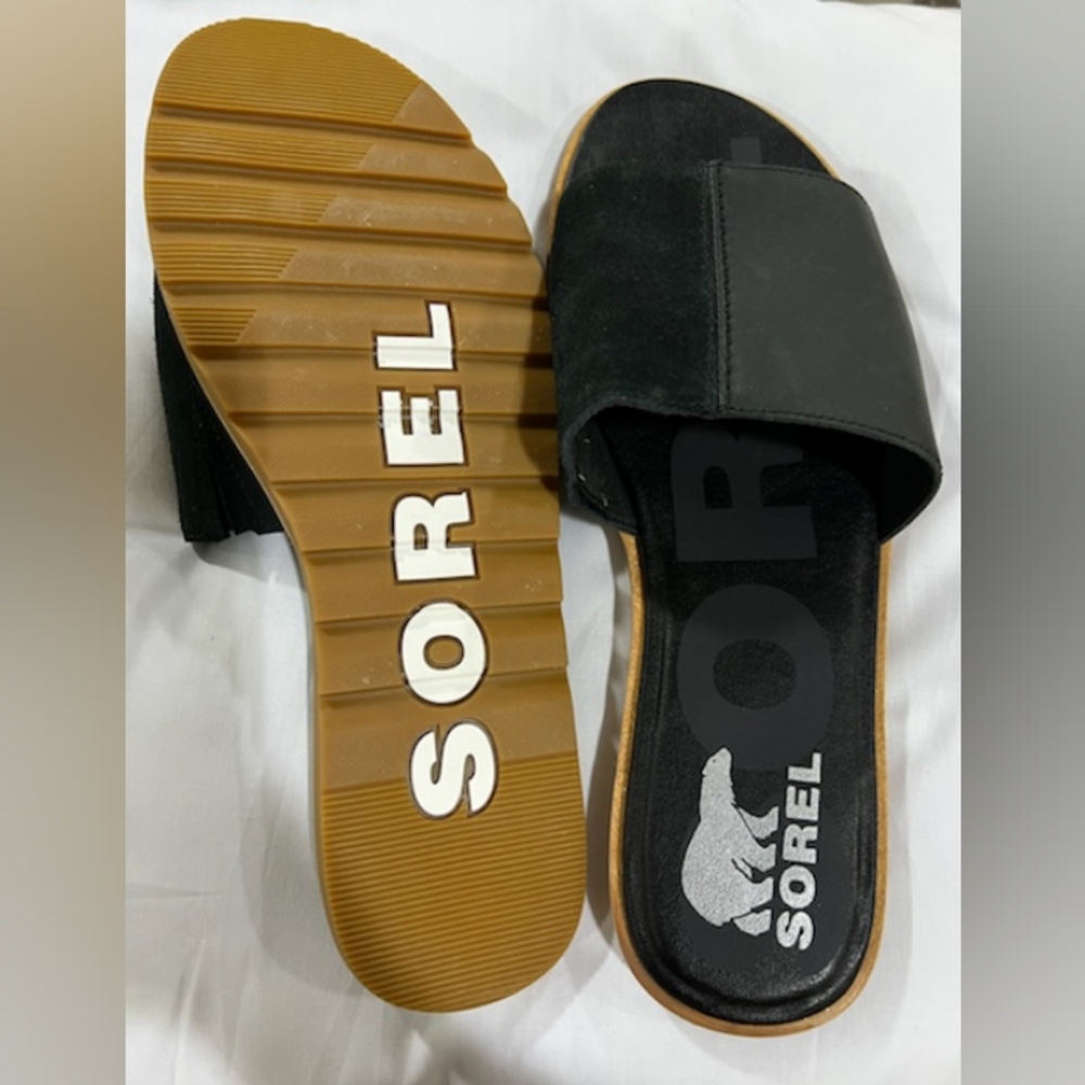 Sorel Black Slide Sandals with Tan Gum Sole